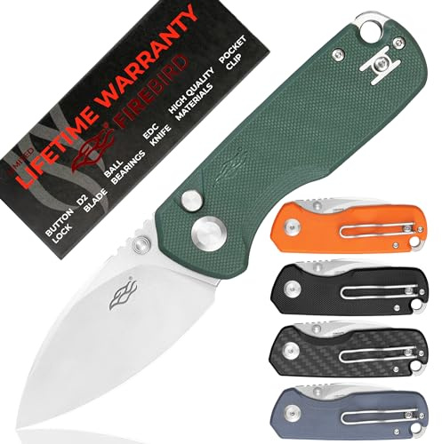 Firebird FH925-GB Cuchillo plegable de bolsillo con bloqueo de botón, hoja de acero D2, mango antideslizante G10 con clip, cuchillo utilitario para acampar al aire libre (Verde)