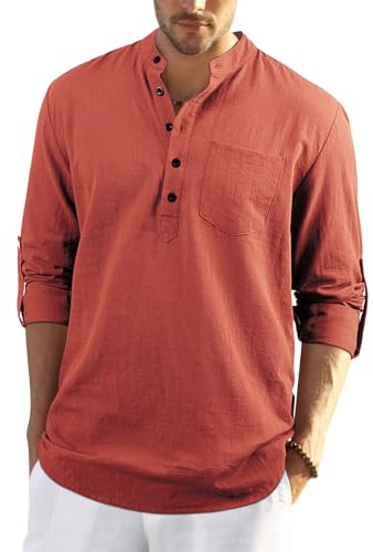 Enlision Mens Red Cotton Linen Autumn Long Sleeve Collarless Grandad Shirts Button Down Causal Lightweight Yoga Top L