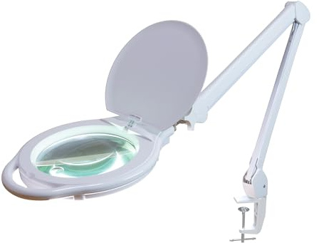 Neatfi Elite XL HD Super LED Förstoringslampa, 3 Dioptrier med 12 Dioptrier, Dimbart, 3 Ljuslägen (3000K/4000K/6500K), Bländfri, Justerbar Arm (Vit, 18 CM Glaslins)