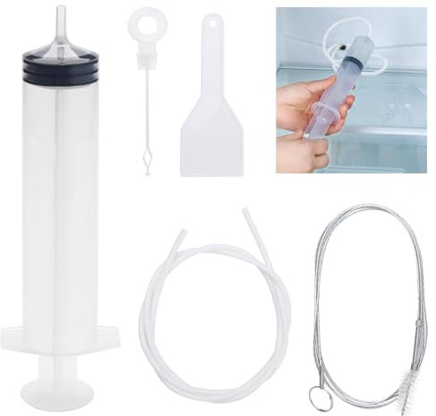 Mynoozi 5 Stück Kühlschrank Abflussloch Reinigungswerkzeug, Kühlschrank Reinigungsset, Kühlschrank Abfluss Reinigungsbürste mit Schlauch, Spritze, Enteisungsschaufel, Entstopfer und Einsätzen