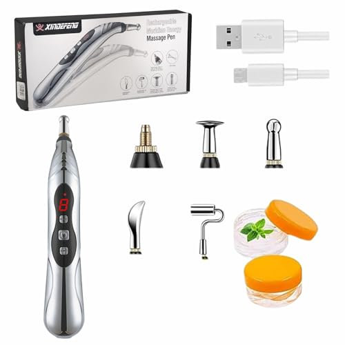 Acupuntura Masaje Pen, Pluma de la acupuntura masajeador de cuerpo eléctrico Meridian Energy con 5 cabezales de masaje,modelo recargable Lápiz Eléctrico de Masaje para Acupuntura,Acupuntura Terapia H
