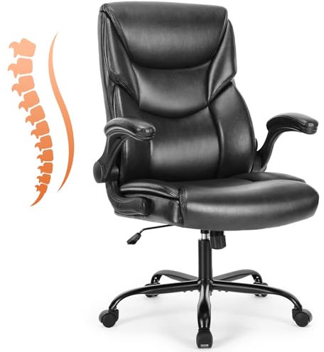 Sweetcrispy Chefsessel PU Leder Bürostuhl Ergonomisch, Schreibtischstuhl mit Hochklappbaren Armlehnen, Ergonomischer Computerstuhl mit Hoher Rückenlehne, Gaming PC Drehstuhl für Arbeit Ruhe, Schwarz