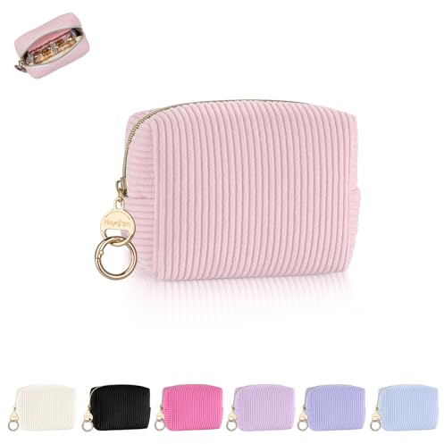 Mini Trousse Maquillage Femme en Velours Côtelé épais Pochette Maquillage Fille Sac de Rangement à Cosmétique Makeup Rouge à Levre Vernis à Ongles Idéal Cadeau Anniversaire Noël 11 * 5,5 * 8,5cm Rose