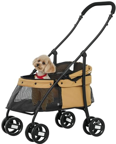 PawHut Carrito para Perros Plegable Cochecito para Mascotas Cochecito para Perros Pequeños con Ventanas de Malla Cojín Lavable Correas de Seguridad y Marco de Acero Carga 10 kg Café