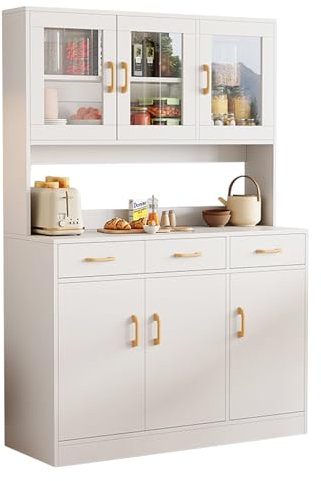 IGTOPS Küchenschrank, 170cm Vorratsschrank Küche, Hochschrank Buffetschrank aus Holz, Sideboard, Mehrzweckschrank mit Schubladen und Glastür, Offenem Fach, Vorratsschrank, Vitrinenschrank (Weiß)
