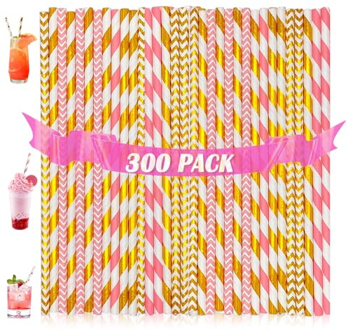 300 stycken papperssugrör, sugrör papper, sugrör av papper 19,7 cm, färgglada cocktailsugrör, sugrör, biologiskt nedbrytbara för cocktails, kalla drycker och juice, hot pink och guld