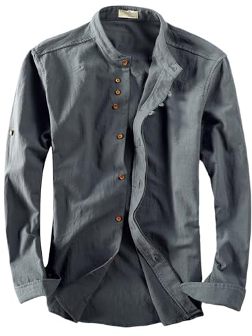 T-shirts Hommes Chemise à Manches Longues pour Homme Décontractée Lin Chinoise Slim Col Montant Chemise Slim Ensemble Veste 4 (Gris, XL)
