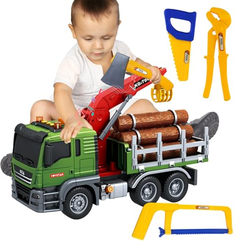 lonfypeng 15 Inch Friction Powered Timber Truck Toy with Loading Crane, 6 Wooden Logs & Lights/Sounds - Play Vehicle Gift for Boys Girls Kids Ages 3-7