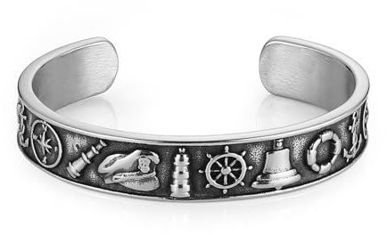 HZMAN Stainless Steel Cuff Bracelet for Men 11mm Wide Nautical Design with Telescope, Anchor | Waterproof Bangle for Sailors, Boat Lovers