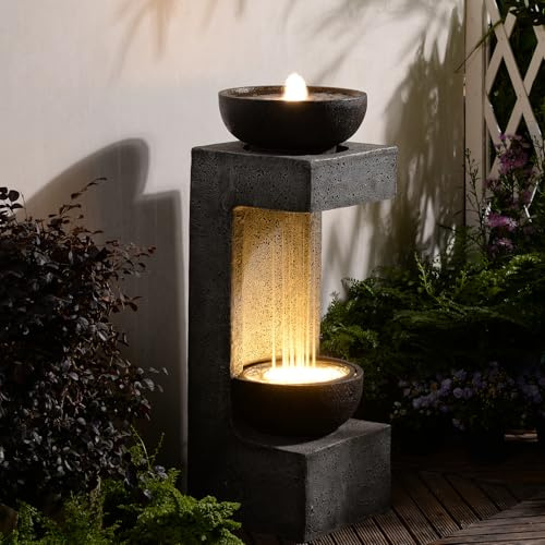 Bumilgar 2-Tiered Rainfall Bowl Garden Water Features with LED Lights and Pebbles, Modern Stone Feature Indoor&outdoor Fountains and Waterfalls for Porch, Deck, Yard, Patio, Home Decor, Gray