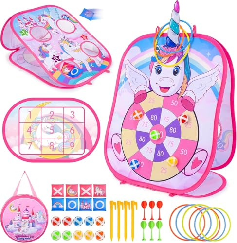 HappyKidsClub Gioco di Lancio 5-in-1 Unicorno, Bersaglio Freccette Portatile Jeux De Flechette Enfant Jeux Exterieur Enfant, Giochi Gioco Regalo Giocattoli Bambina Bambino 3-6 Anni da Spiaggia