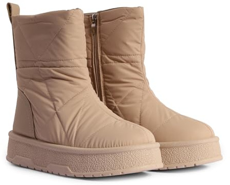 London Shoe Co Women’s Padded Winter Boots | Lightweight Zip-Up Mid Calf Snow Boots with Chunky Sole – Warm Everyday Footwear (Beige, UK6)
