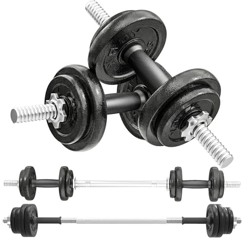 SPORTNOW Hantelset 2-i-1 hantel set hantlar justerbar upp till 20 kg | Skivstänger, hantlar set tumbbell, halkfritt handtag, hantelset, för styrketräning, hem, gym
