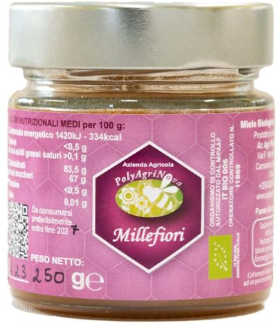 Miele millefiori estivo italiano biologico 250g, dal gusto dolce e intenso. Ideale su pane, bevande e dolci, prodotto con passione nel Piemonte biologico.