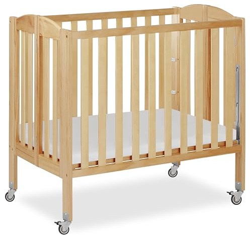 Dream On Me 3-in-1 Portable Folding Stationary Side Mini Baby Crib in Natural & Mattress, GreenGuard Gold & BSA, Use as Changer & Playpen, Locking Wheels, 3 Mattress Heights, Extra Firm Mattress