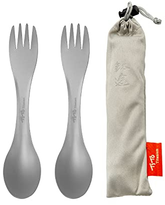 TiTo Titanium Fourchette et Cuillère en Titane 3 en 1 Ultraléger Portables Camping Multifonction Spork Cuillère Outdoor Camping Ustensiles Randonnée Pique-Nique(Fourchette Cuillère)