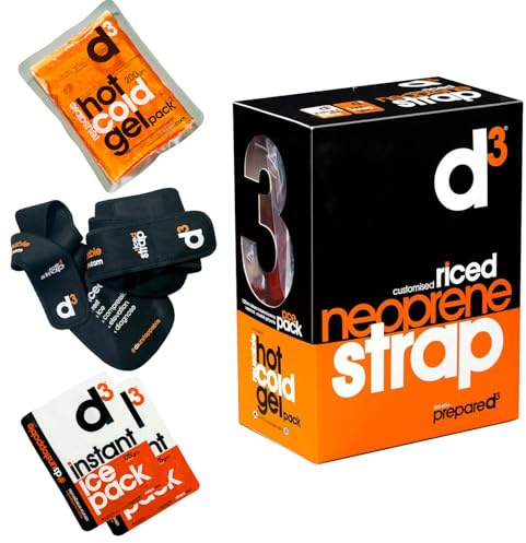 D3 R.I.C.E.D Neoprene Compression Strap Sports Injury Cold Therapy Bandage Wrap, 1 x hot/cold re-usable gel pack, 2 x instant ice packs
