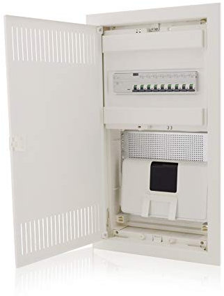 Intratec boîtier multimédia et tableau de distribution combiné encastré, IP30, 592 x 346 x 92 mm, 1 rangée, 12+2 modules, porte en acier blanc RAL 9003, répartiteur de communication