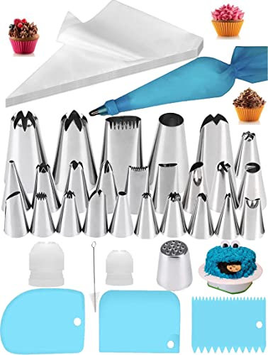 Set di 65 tubazioni per torte con sacchetti e punte riutilizzabili, convertitori standard, anelli in silicone, per decorare uova diavolate, torte, cupcake e biscotti