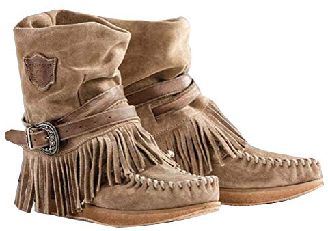 Minetom Femmes Bottes De Neige des Franges Chaussure d'Hiver Chaude Classique Talon Plats Boots Bottines Mode Bout Rond (A Beige, 39)