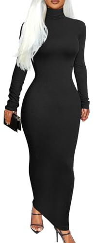 Memoriesea Women's Fall Turtleneck Long Sleeve Ribbed Slim Bodycon Maxi Dress Black