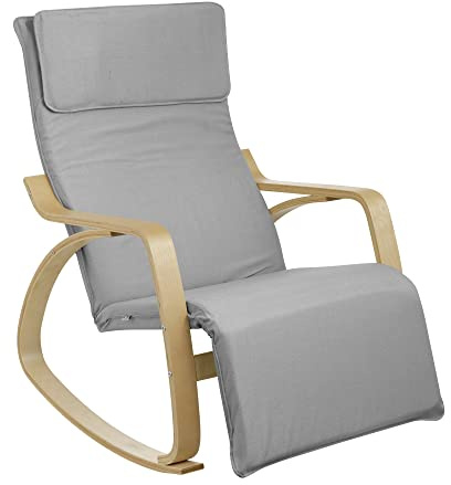 Baroni Home Sedia a Dondolo con Braccioli in Legno da Interno, Poltrona a Dondolo ergonomica in Tessuto con Poggiatesta e Poggiapiedi Regolabile a 5 Altezze, Max 150 kg, Salotto Camera, Grigio