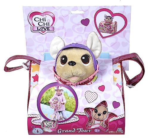 Simba Chi Chi Love Grand Tour Chien en Peluche Chihuahua avec Casque dans Un Sac de Transport Cool pour vélo ou Guidon de Scooter, 20 cm, à partir de 3 Ans