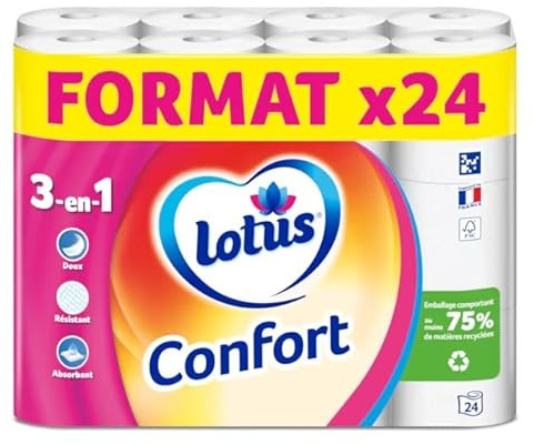 Papier Toilette Lotus Confort Blanc 24 rouleaux - 3 en 1 - Doux Résistant Absorbant