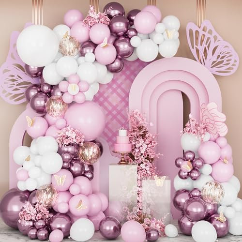 Kit Ghirlanda Palloncini Rosa, 147 Arco Palloncini Pastello Rosa Bianchi con Palloncini Rosa Metallici e Farfalla D'oro Coriandoli Palloncini per Matrimonio Anniversario Battesimo Ragazze Decorazioni