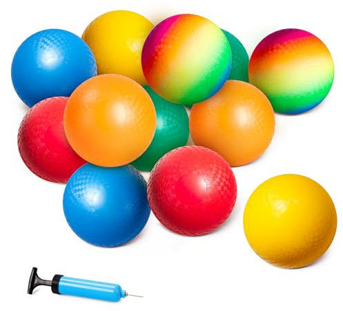 U&C Planet Pack of 12 Playground Balls 8.5 Inch Kickballs Set Dodge Ball with Pump Gaga Ball Handball Soft Boucy KidsBall Rainbow Balls Outdoor Play Camps School Garden