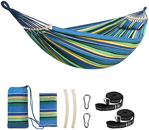 Chihee Hängematte aus Baumwolle Große,weiche,atmungsaktive Camping-Hängematten Hält bis zu 300kg Tragbare Baum-Hängematte mit abnehmbarem Spreizstab Kopfkissen 2 Starke Gurtbänder 2 Karabinerhaken