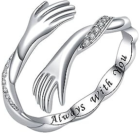 KBRPEY 925 Sterling Silver Kram Ringar Kvinnor Män Graverade I Love You Forever Vit Guldpläterad Kram Ring Öppen Par Justerbar för Par Systrar Släktingar, Sterlingsilver, Zirkon