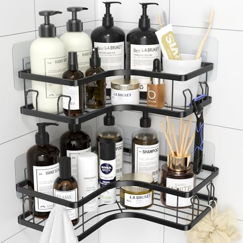 MOSUO Duschablage Ohne Bohren, Duschablage Ecke 2 Stück mit 8 Haken 6 Klebstoff Duschregal Ohne Bohren, Edelstahl Duschregal Küche/Badezimmer Organizer, Schwarz