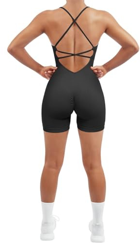 RXRXCOCO Spaghetti Strap Ärmellos Gerippte Push Up Scrunch Booty Jumpsuit Damen Eng Rückenfreie Padded Overall Bauchweg Kurz Yoga Sport Einteiler Romper Schwarz M