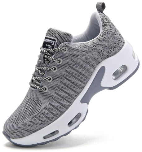 Running Shoes Lady Trainers for Women Air Cushion Arch Support Memory Foam Plantar Fasciitis Trainers Lace Up Breathable Gym Sneakers Grey UK 5