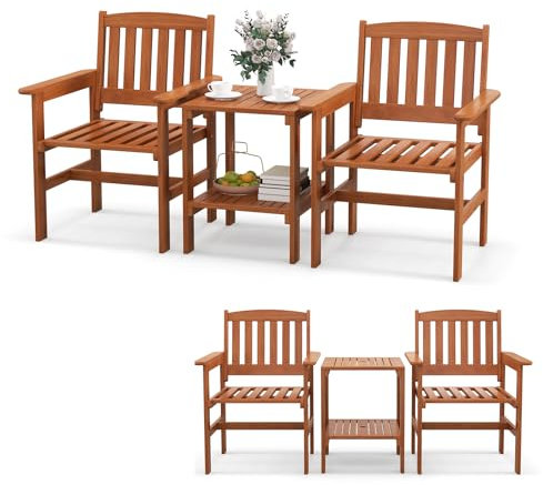 KOMFOTTEU 3 TLG. Balkonset aus Massiveholz, Gartenmöbel Set inkl. 2 Gartenstühlen & Gartentisch mit Schirmloch, Balkon Möbelset Bistroset für Terrasse Garte