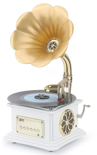 Giradischi grammofono vintage, Bluetooth 4.2/Ingresso audio esterno/Lettura USB/Riproduzione vinili/Radio, Altoparlante portatile per la decorazione di feste in casa e in ufficio,White