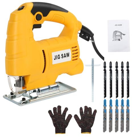 joukares Jig Saw, 710W Corded Electric Jig Saw Tool, 10 Blades,3000RPM/Min,6 Variable Speeds,4 Guide Roller Setting,Bevel Cutting 0 to 45¡ã, Corded Jigsaw for Wood and Metal Cutting Yellow