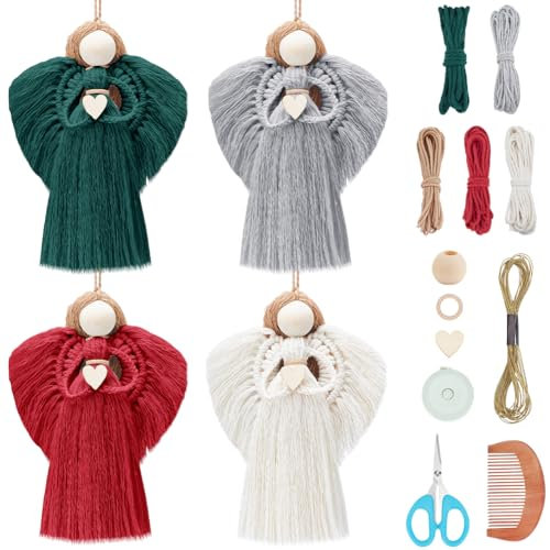 FREEBLOSS 4 Set DIY Weihnachts Makramee Engel Set Makramee Engel Hängeornament 5 Farben Boho Makramee Wandbehang Dekor Makramee DIY Set Handgemachtes Geschenk Für Mama Und Mädchen