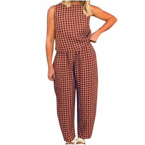 NSICBMNO Red Co Ord Sets For Women Summer Lounge Wear Sets Plaid Pyjamas Sleeveless Vest Tops Baggy Trousers 2 Piece Outfits Checked Pj Bottoms Cotton Tops Casual Tracksuit Gym Outfits Streetwear