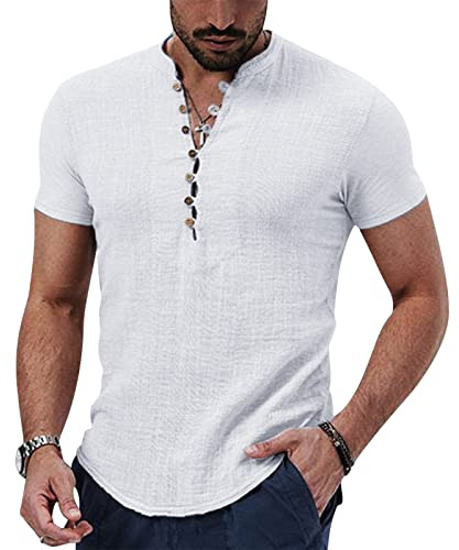 Puimentiua Uomo Camicia in Lino Maniche Corte,Camicie Slim Fit Elegante Bianco,Henley Shirts con Bottoni Tinta Unita Casual