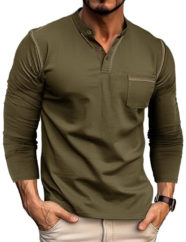 Mens Henley T-Shirts Cotton Long Sleeve T Shirt Casual Grandad Shirt Tops Green L