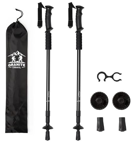 Set Bastones de Senderismo, Aluminio Ligero, Ajustables en Altura, Extensibles telescopicos, con Amortiguación, 5 Colores, + Funda (Negro)