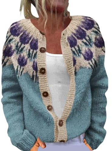 Cardigan Donna Stampa Jacquard Floreale Maglia Knit Manica Lunga Morbido Comodo Aperto Davanti Elegante Casual Outerwear Avvolgente per Autunno Inverno MM001