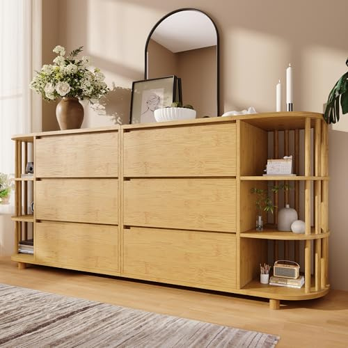 IHO SOFA Cómoda aparador de 160 cm en roble con diseño romano y 6 cajones, estantes de bambú y patas ajustables en altura, armario de cocina para salón, cocina, 75 x 160 x 40 cm (alto x ancho x