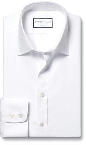 Charles Tyrwhitt Shirts for Men - White Non Iron with 100% Cotton Twill - Formal Dress Shirt for Work, Business & Weddings - Classic Fit with Classic Collar
