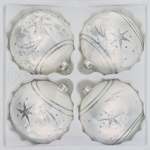 4 TLG. Glas-Weihnachtskugeln Set 10cm Ø in 'Ice Weiss Silber' Komet- Christbaumkugeln - Weihnachtsschmuck-Christbaumschmuck 10cm Durchmesser