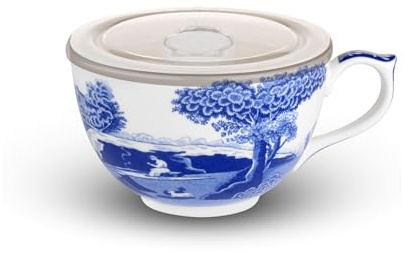 Spode Blue Italian 20oz Porcelain Jumbo Mug with Lid – Scenic Patterned Drinkware with Decorative Border - Portable Ceramic Coffee Cup for Brunch, Tea, On-the-Go Hot Beverage Moments (3.8 H x 6.4 W)
