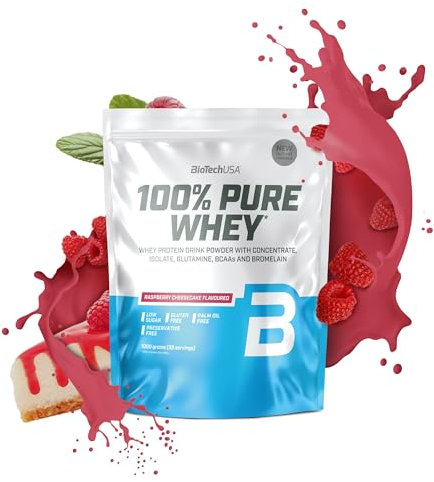 BioTechUSA 100% Pure Whey | Proteine in polvere con BCAA e glutammina | Senza glutine, senza olio di palma | 21g di proteine per porzione, 1 kg, Cheesecake al lampone