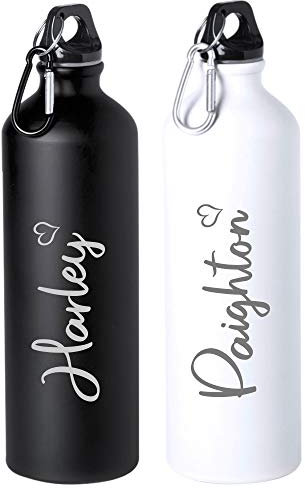 eBuyGB Personalised 800ml Stainless Steel Reusable BPA Free Matt Water Bottle with Carabiner Clip - Unisex Custom Name - Use for School, Gym, Outdoor, Yoga & Sports (Blue)